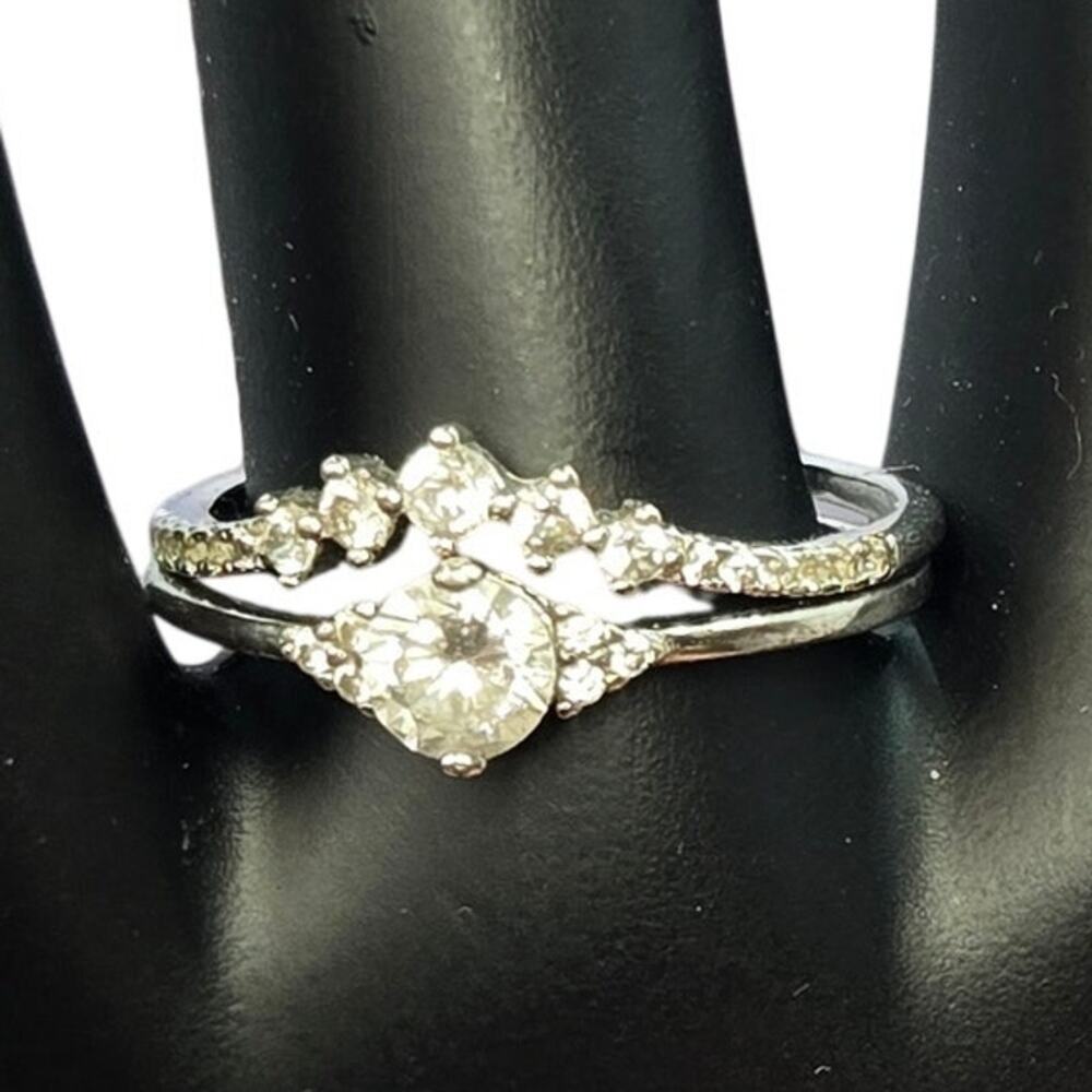 Sterling Silver and Cubic Zirconia Cluster/Contour Engagement/Wedding Ring Set